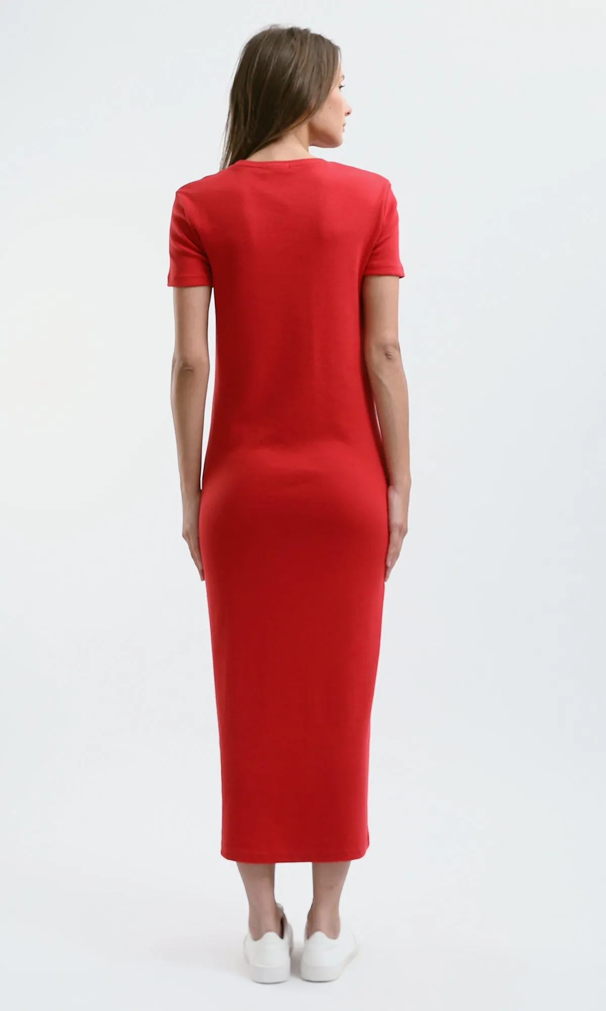 O189713 Slip On Ribbed Casual Red Ribbed Midi Dress