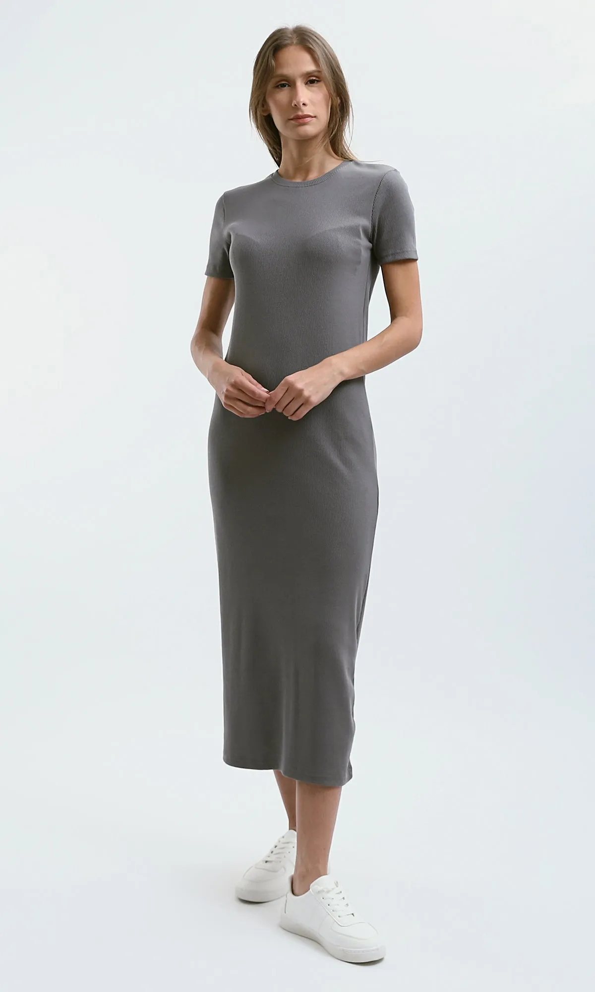 O189714 Regular Fit Dark Grey Ribbed Summer Dress