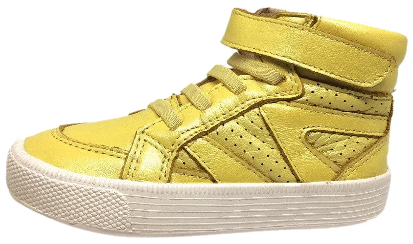 Old Soles Boy's and Girl's Star Jumper Lemon Yellow Leather Elastic Lace Hook and Loop High Top Sneaker