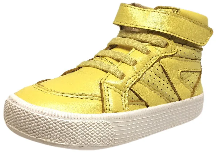 Old Soles Boy's and Girl's Star Jumper Lemon Yellow Leather Elastic Lace Hook and Loop High Top Sneaker