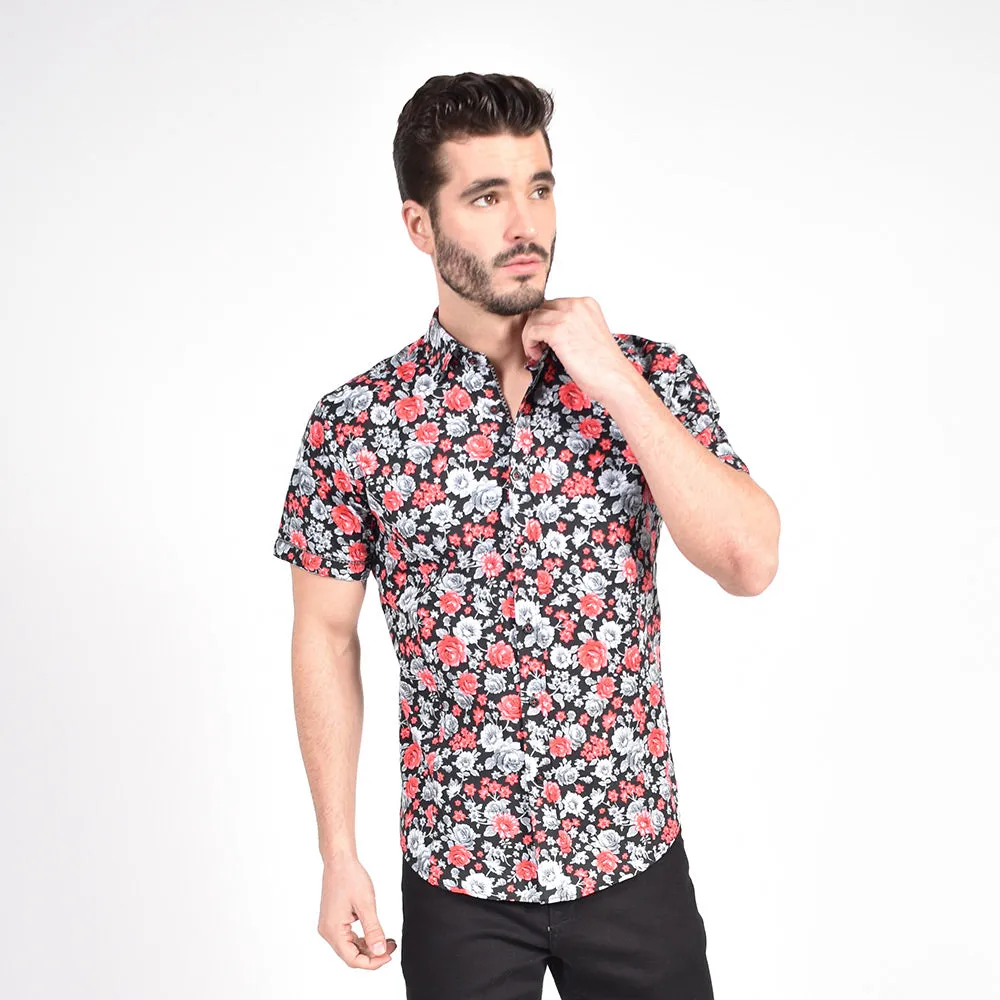 Red Monochromatic Rose Short Sleeve Shirt