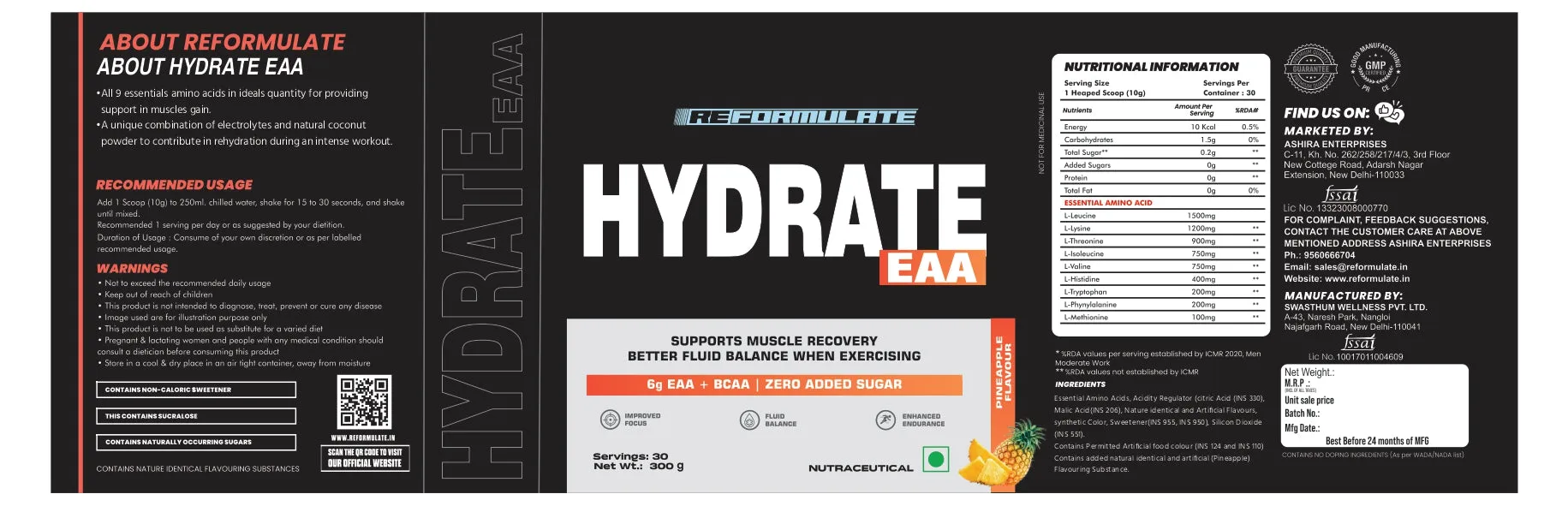 Reformulate I Hydrate EAA I Supports Muscle Recovery I Better Fluid Balance When Exercising I 6G EAA   BCAA | Zero Added Sugar I 6G EAA   BCAA | Zero Added Sugar I Improved Focus I Fluid Balance I Enhanced Endurance  I 300 GM