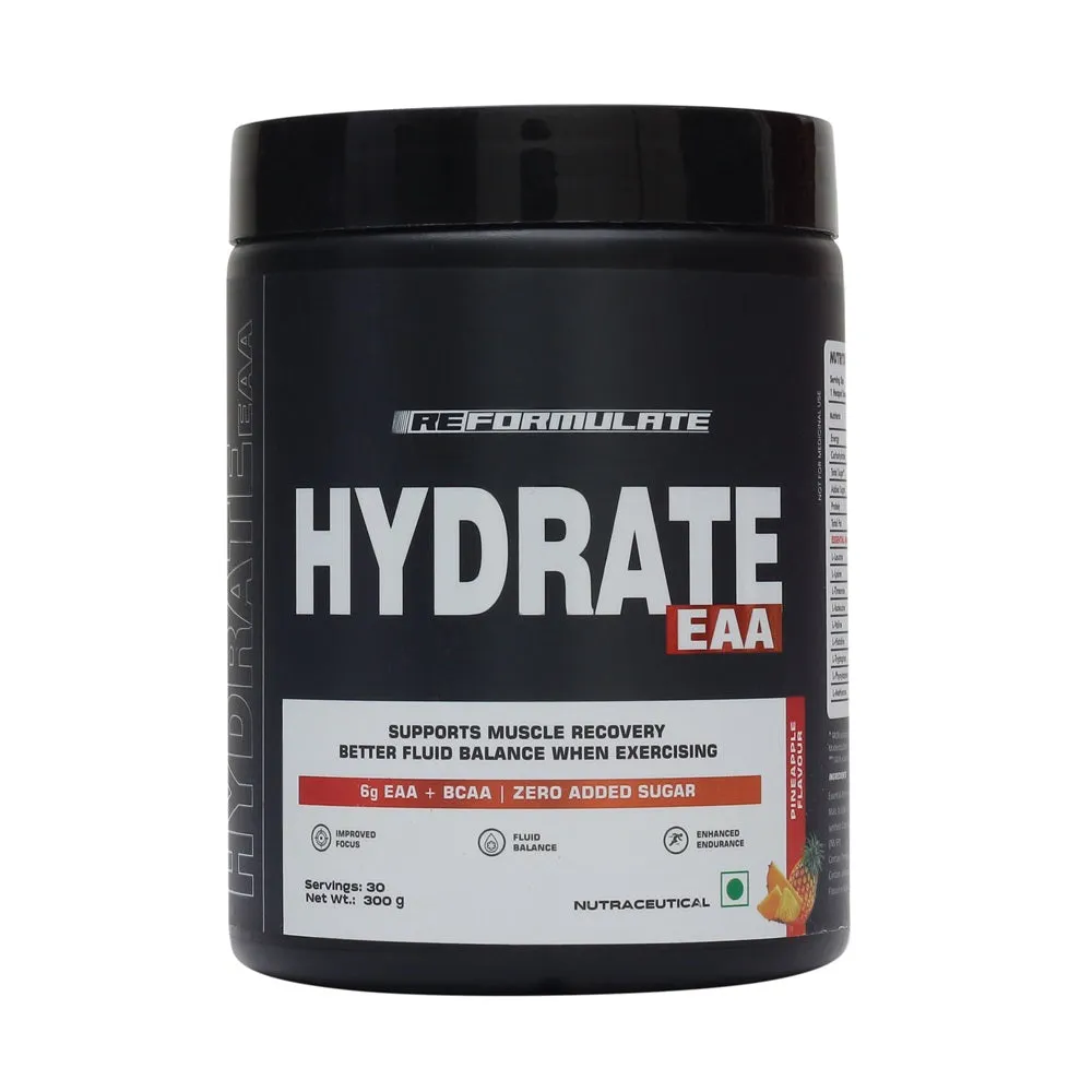 Reformulate I Hydrate EAA I Supports Muscle Recovery I Better Fluid Balance When Exercising I 6G EAA   BCAA | Zero Added Sugar I 6G EAA   BCAA | Zero Added Sugar I Improved Focus I Fluid Balance I Enhanced Endurance  I 300 GM