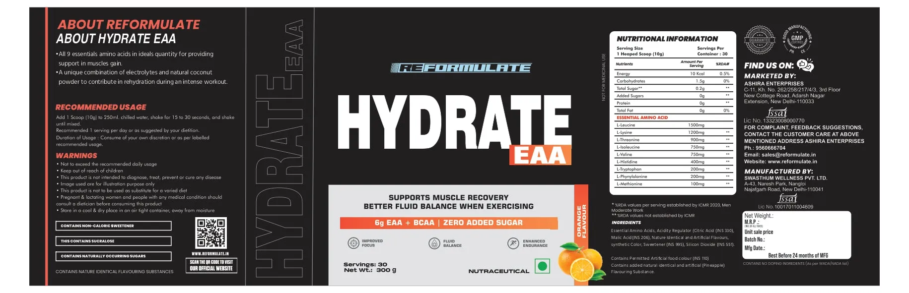 Reformulate I Hydrate EAA I Supports Muscle Recovery I Better Fluid Balance When Exercising I 6G EAA   BCAA | Zero Added Sugar I 6G EAA   BCAA | Zero Added Sugar I Improved Focus I Fluid Balance I Enhanced Endurance I Orange I 300 GM