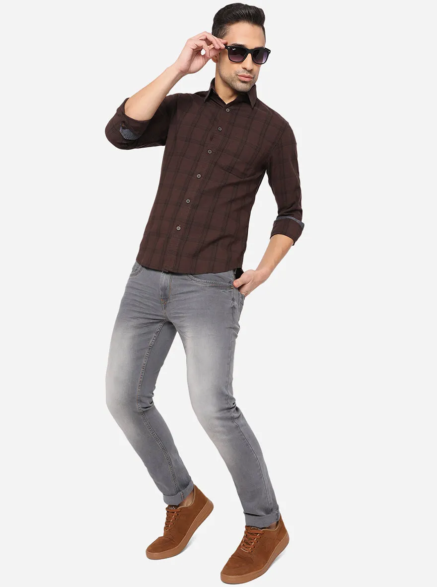 Shale Brown Checked Slim Fit Semi Casual Shirt | Greenfibre