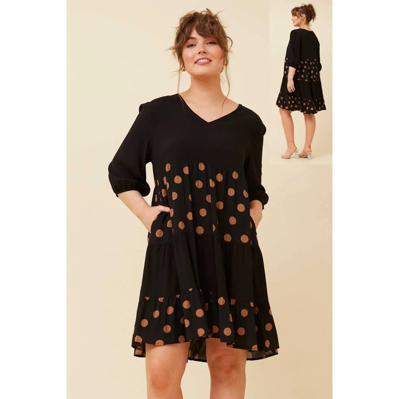 Spot Printed Mid Sleeve Dress - Black