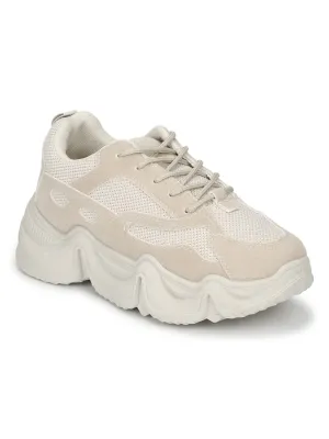 Stone Beige Lace-Up Chunky Sneakers With Cleated Sole