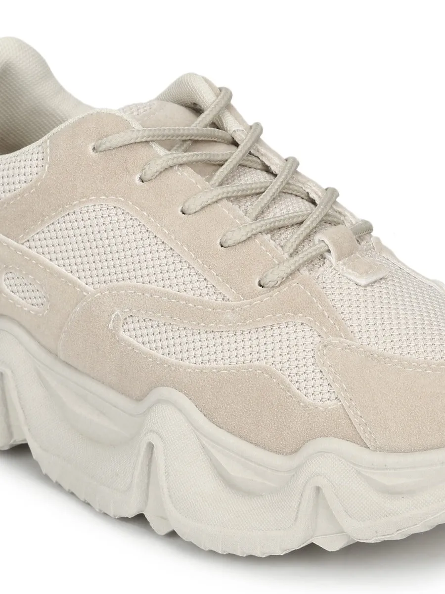 Stone Beige Lace-Up Chunky Sneakers With Cleated Sole