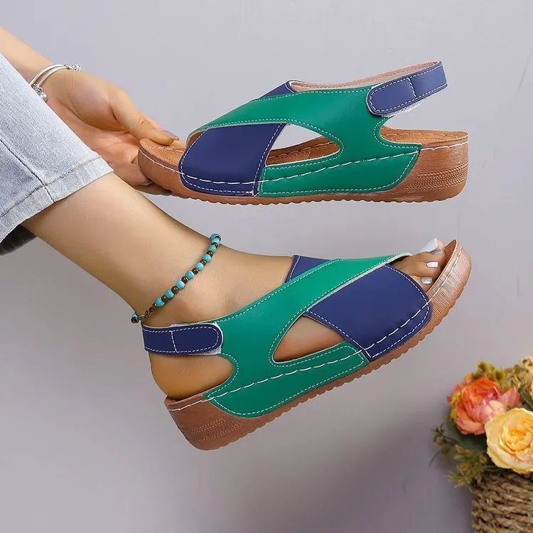 Summer Wedges Sandals With Colorblock Cross-strap Design Casual Thick-soled Roman Shoes For Women