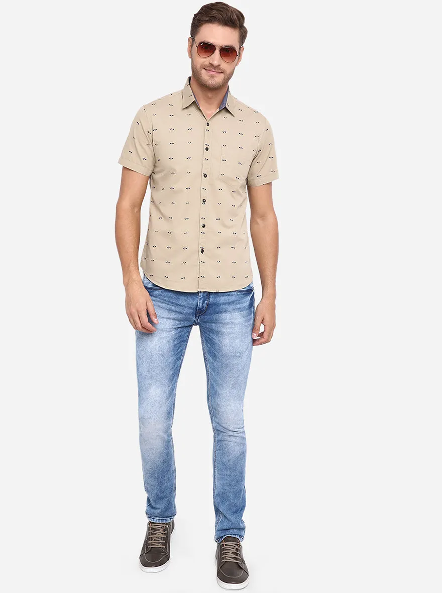 Taupe Printed Slim Fit Casual Shirt | Greenfibre