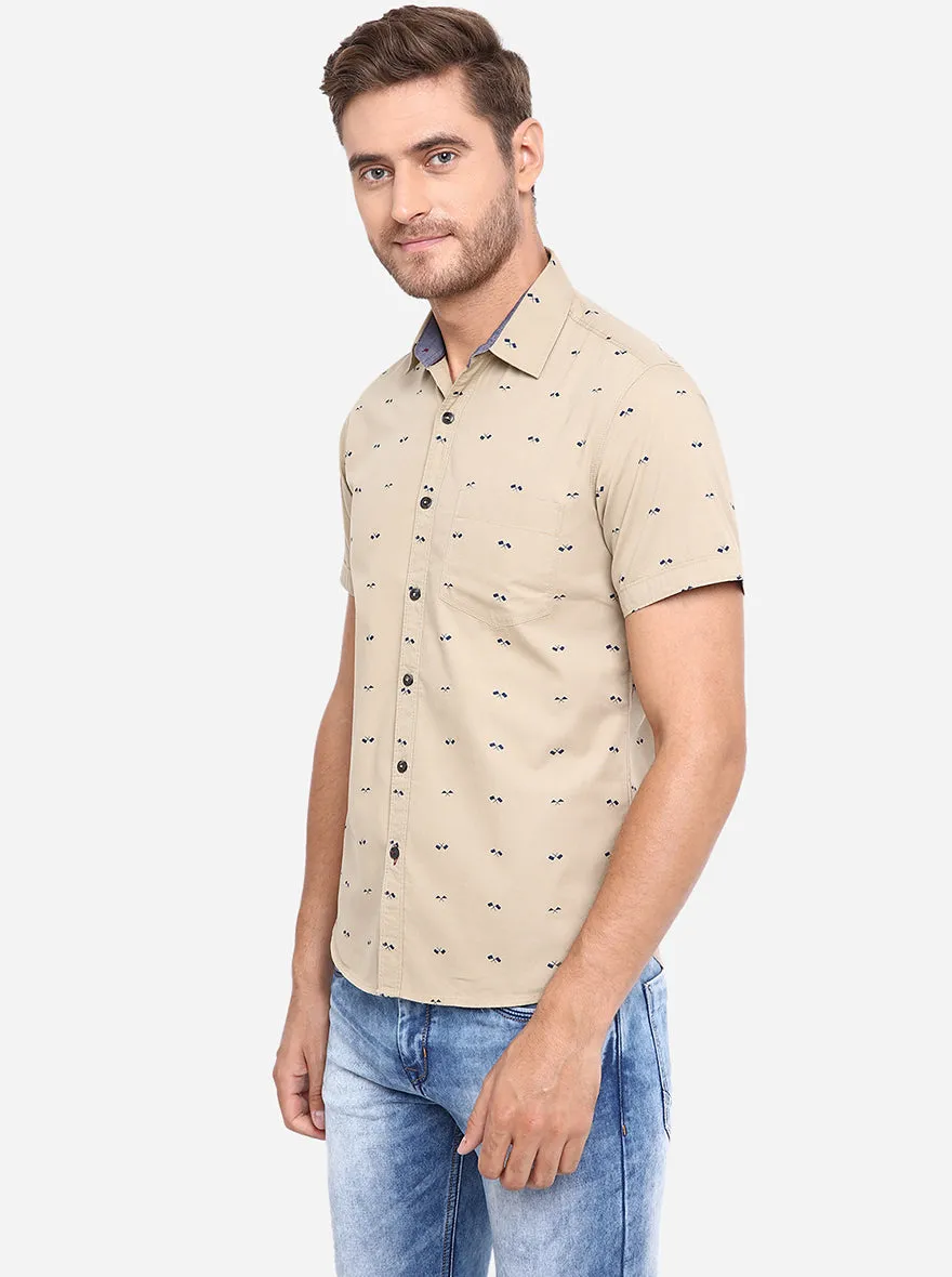 Taupe Printed Slim Fit Casual Shirt | Greenfibre