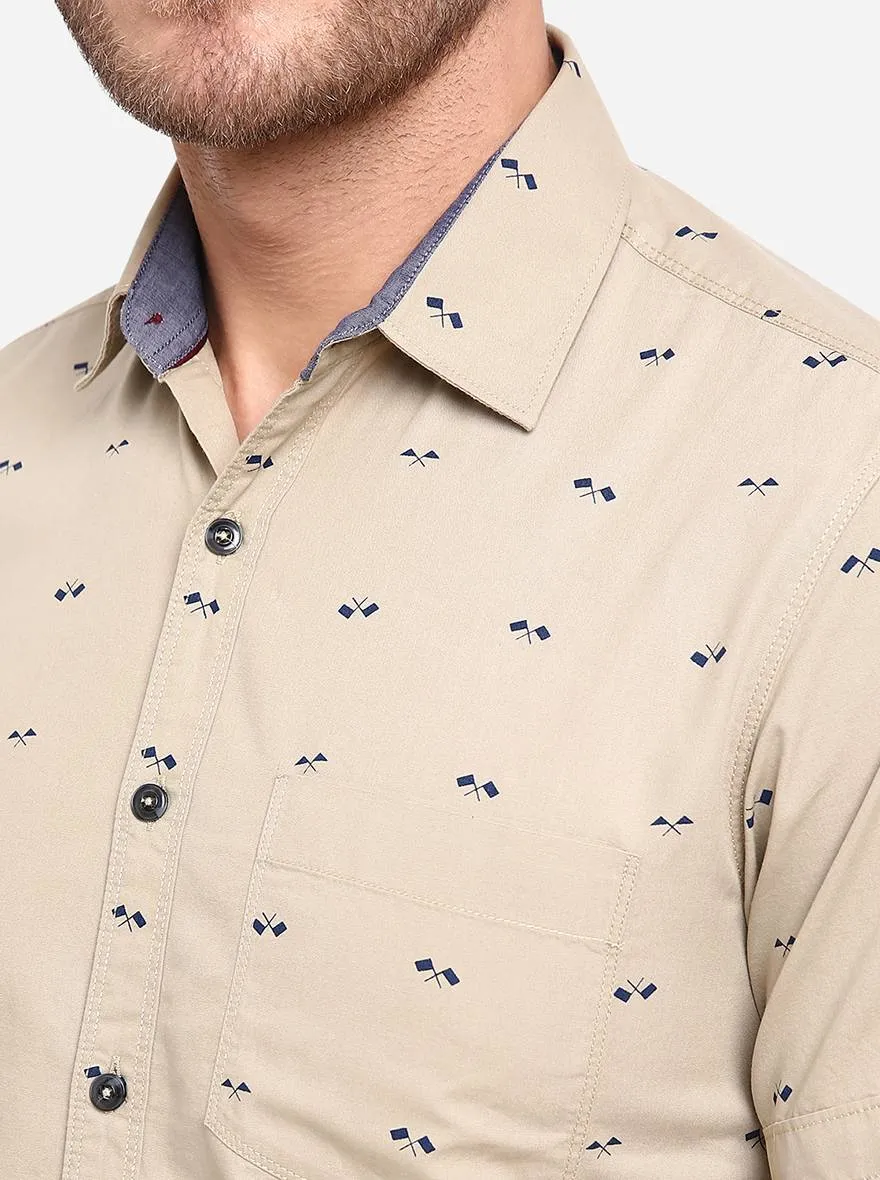 Taupe Printed Slim Fit Casual Shirt | Greenfibre