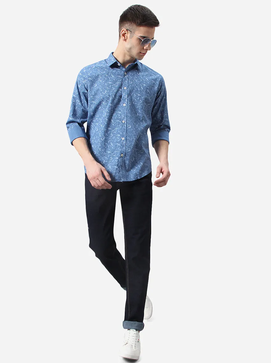 Teal Blue Printed Classic Fit Casual Shirt | Greenfibre