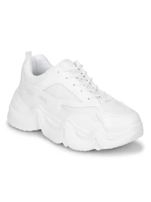 White PU Lace-Up Chunky Sneakers With Cleated Sole