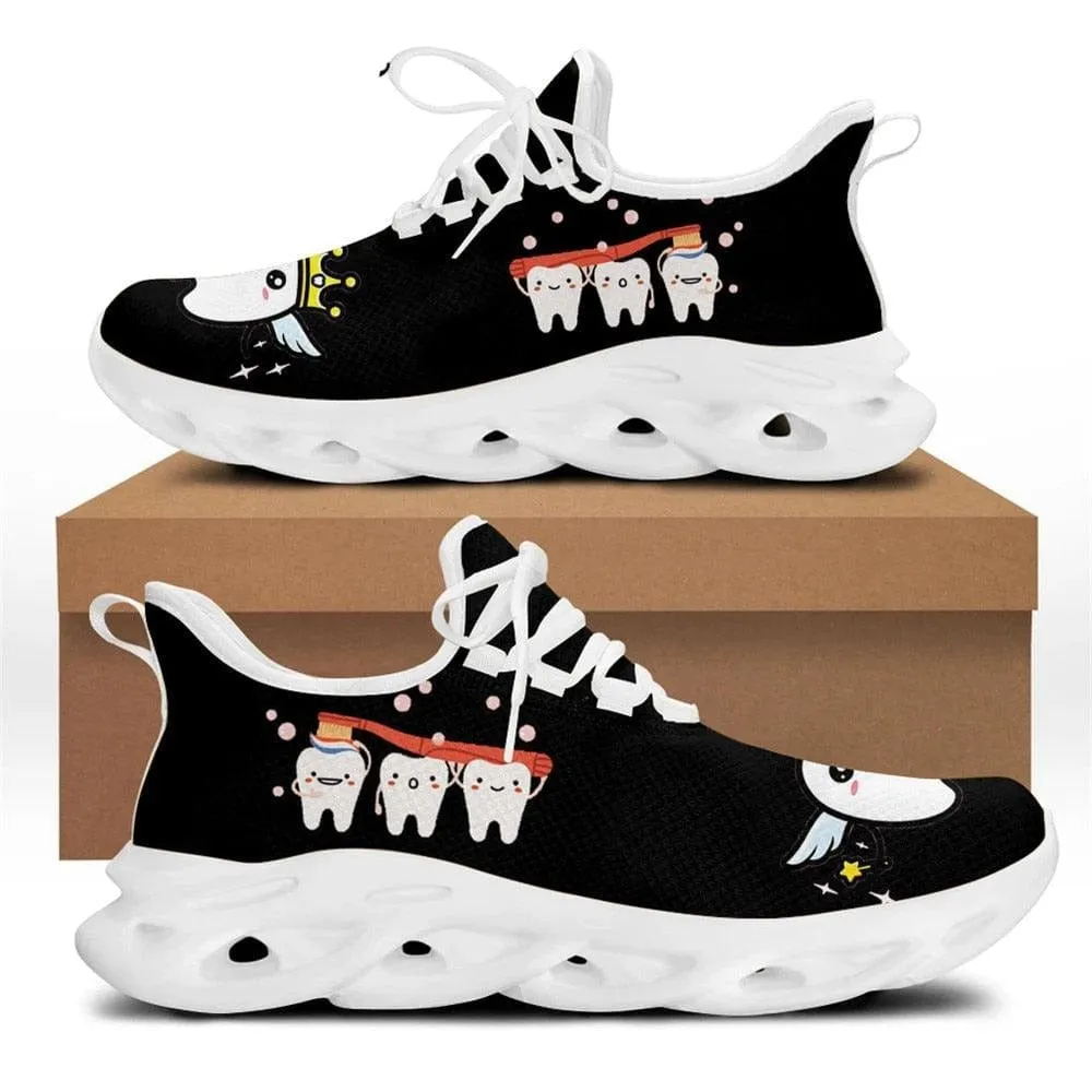 Women Dental Shoes Funny Tooth Dentist Print Breathable Female Flat Black Sneakers Ladies Wear-resistant Footwear