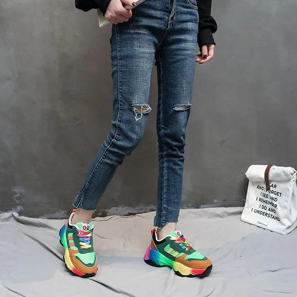 Women fashion colorful lace up slip on platform sneakers