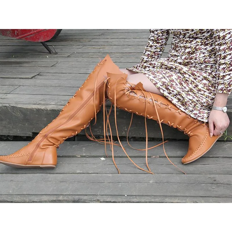 Women flat criss cross lace up zipper over the knee boots