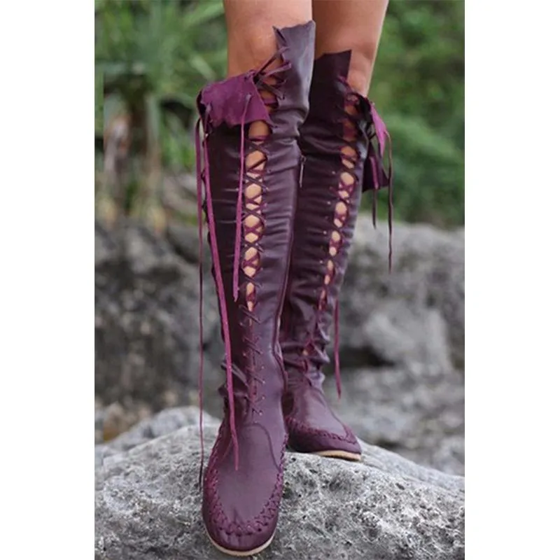 Women flat criss cross lace up zipper over the knee boots