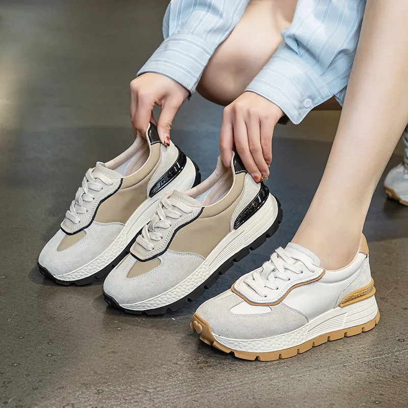 Women Minimalist Fashion Leather Thick Soled Casual Sneakers