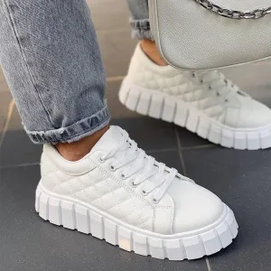 Women plaid stitching lace up thick sole sneakers white