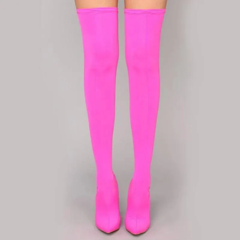 Women sexy solid color stiletto pointed toe elastic over the knee boots