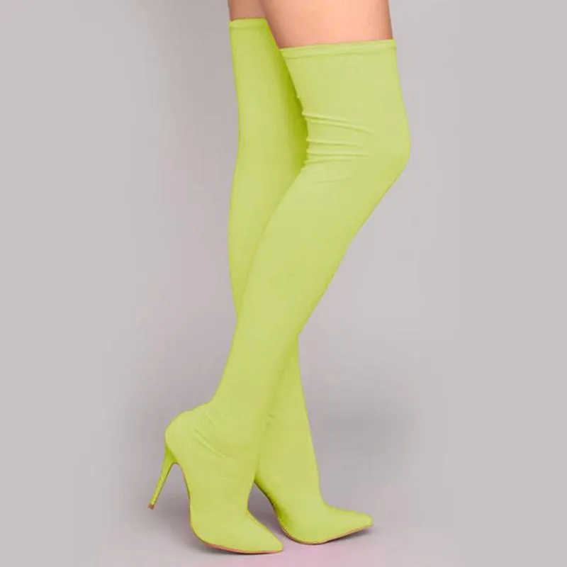 Women sexy solid color stiletto pointed toe elastic over the knee boots