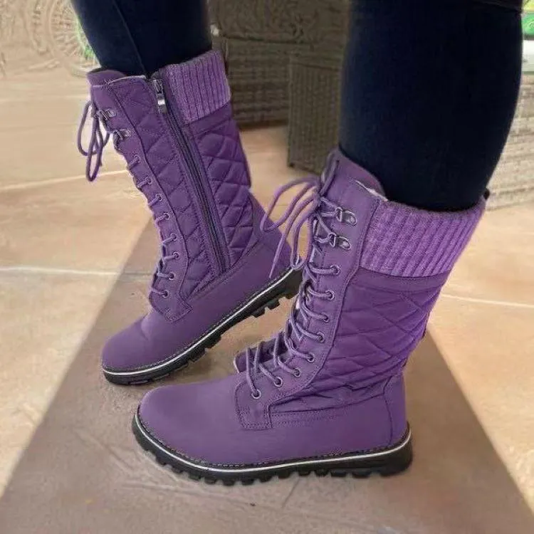 Women winter fall chunky platform lace up side zipper mid calf boots