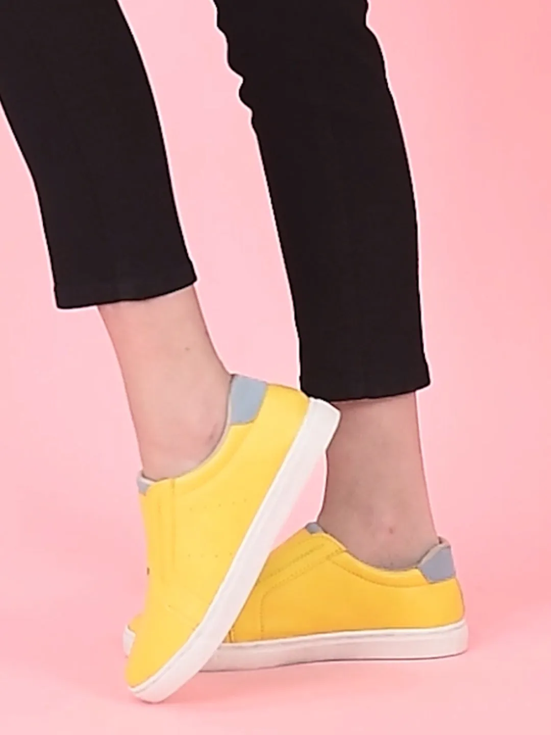 Women Yellow Elastic Closure Stitched Comfort Slip On Sneaker Shoes