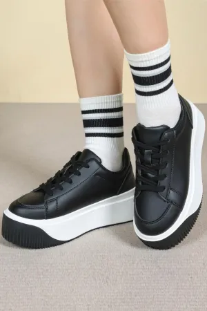 WOMEN'S LACE UP PLATFORM WEDGE CLASSIC BLACK TRAINERS