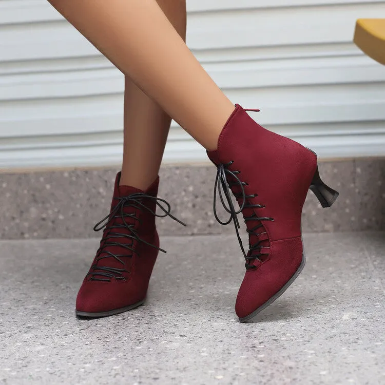 Women's Lattice Pointed Toe Lace Up Kitten Heel Short Boots