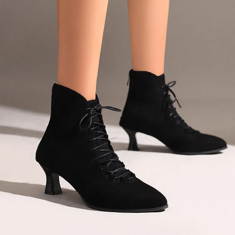 Women's Lattice Pointed Toe Lace Up Kitten Heel Short Boots