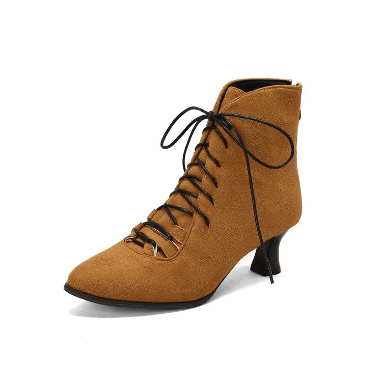 Women's Lattice Pointed Toe Lace Up Kitten Heel Short Boots