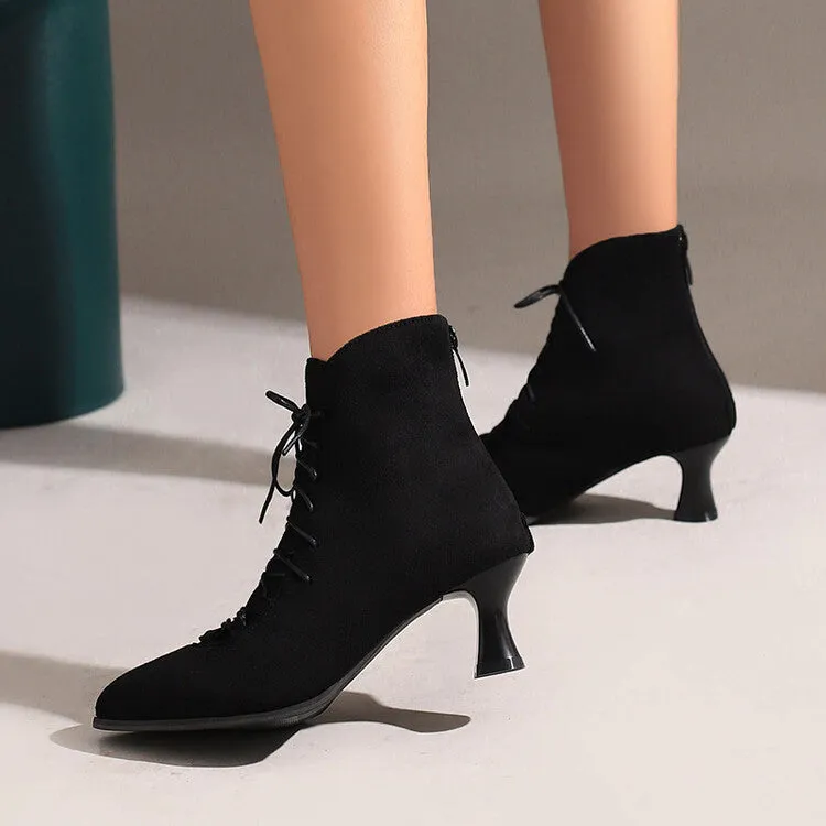 Women's Lattice Pointed Toe Lace Up Kitten Heel Short Boots